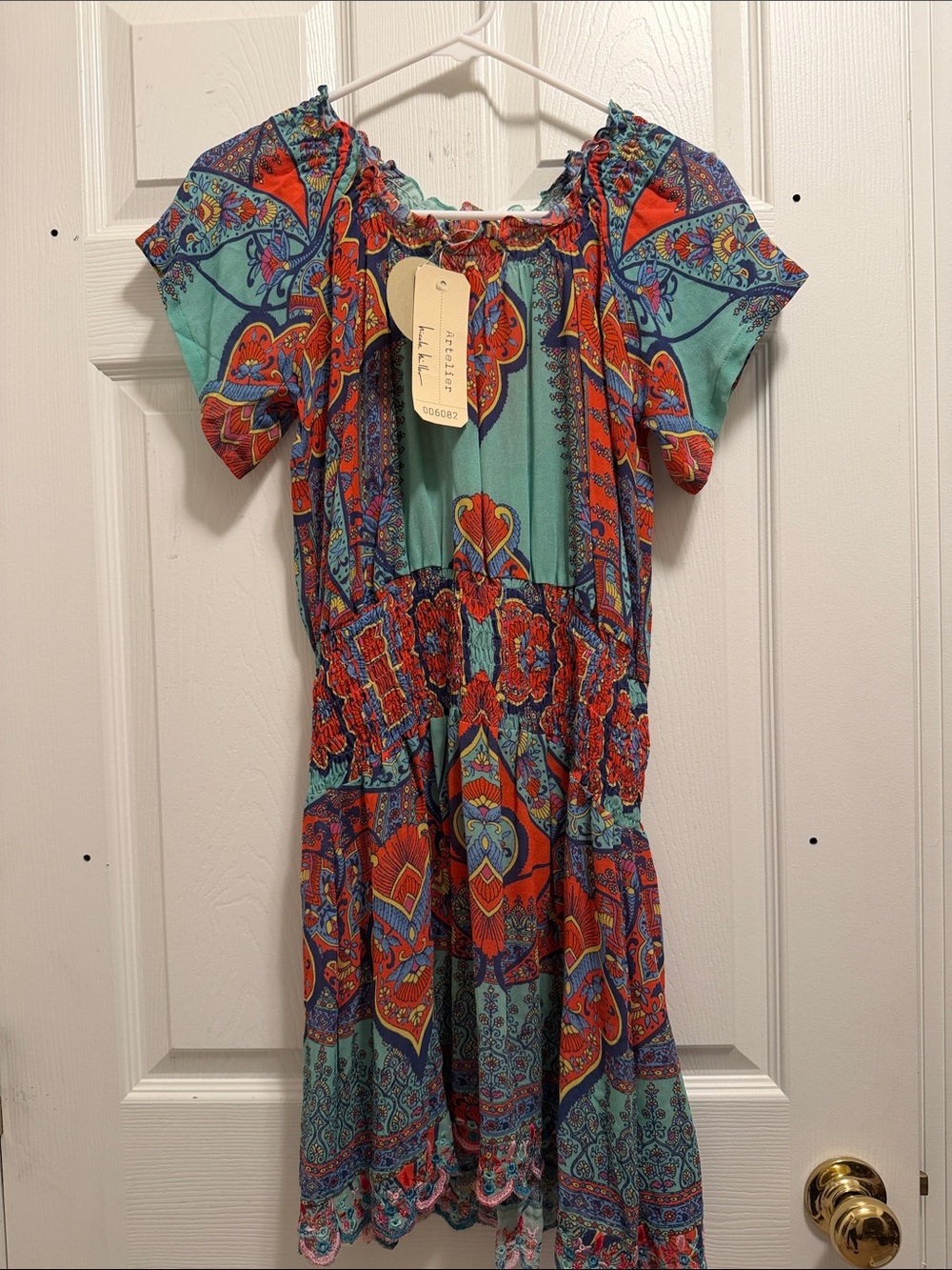 Nicole Miller Artelier Boho Short Sleeve Paisley Print Dress in Teal/Coral NWT